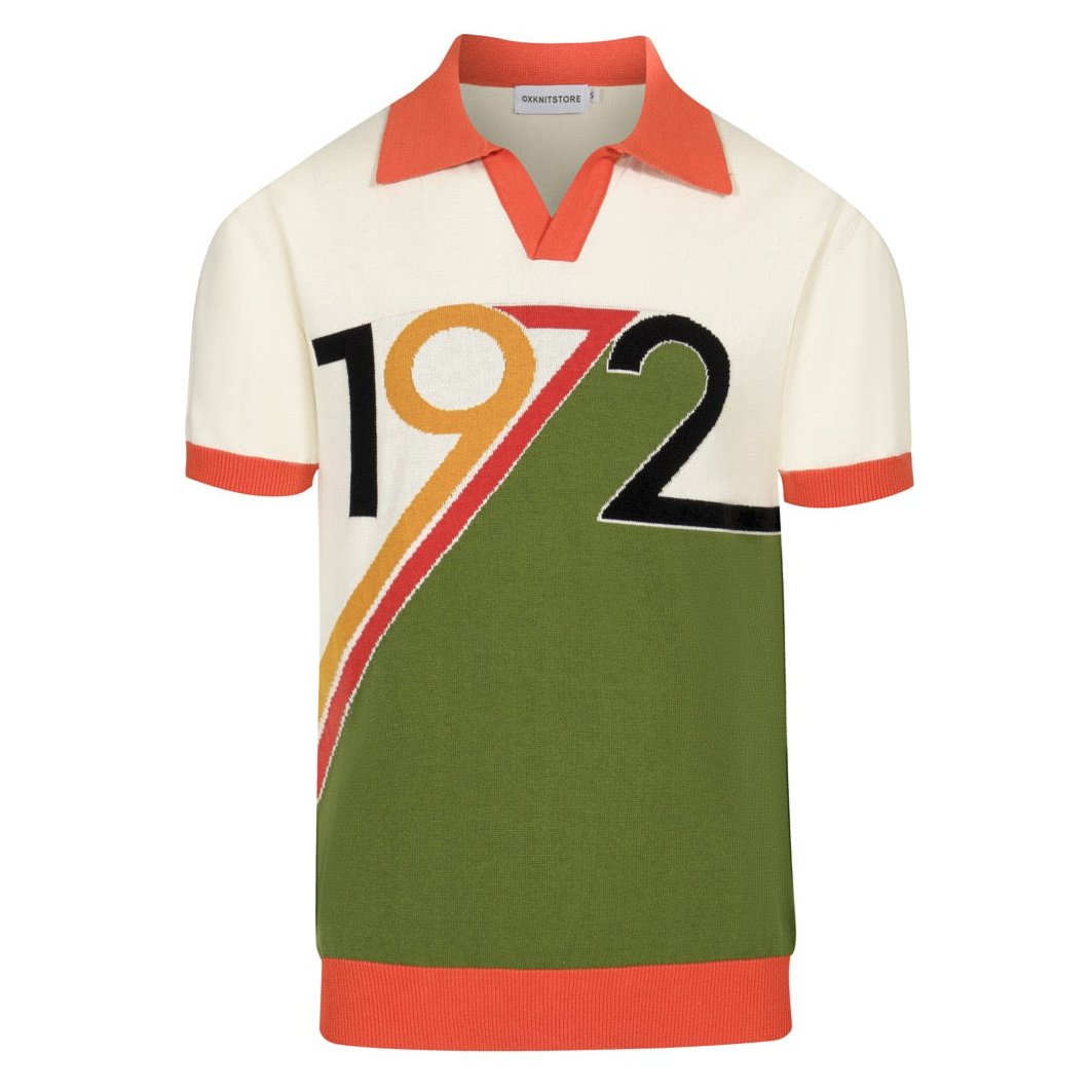 Retro Knitted Polo 1972 for Men – Vintage Graphic Top in Cream, Olive & Orange