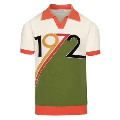 Retro Knitted Polo 1972 for Men – Vintage Graphic Top in Cream, Olive & Orange