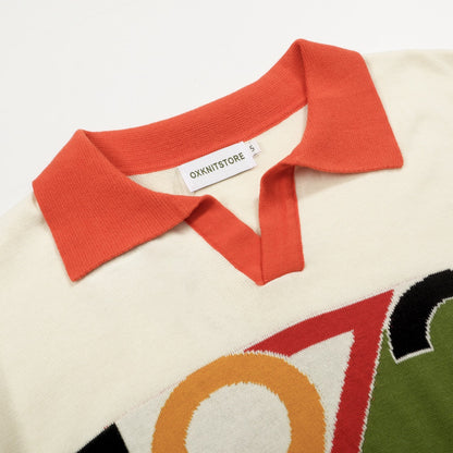 Retro Knitted Polo 1972 for Men – Vintage Graphic Top in Cream, Olive & Orange