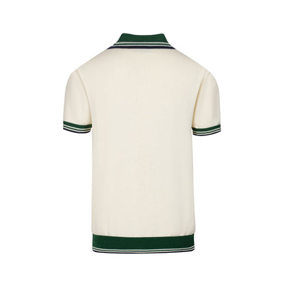Vintage Knitted Polo for Men from the 1970s – Retro Cream with Green Striped Collar and Edges