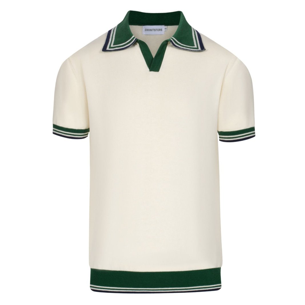 Vintage Knitted Polo for Men from the 1970s – Retro Cream with Green Striped Collar and Edges
