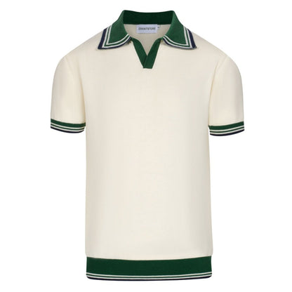 Vintage Knitted Polo for Men from the 1970s – Retro Cream with Green Striped Collar and Edges
