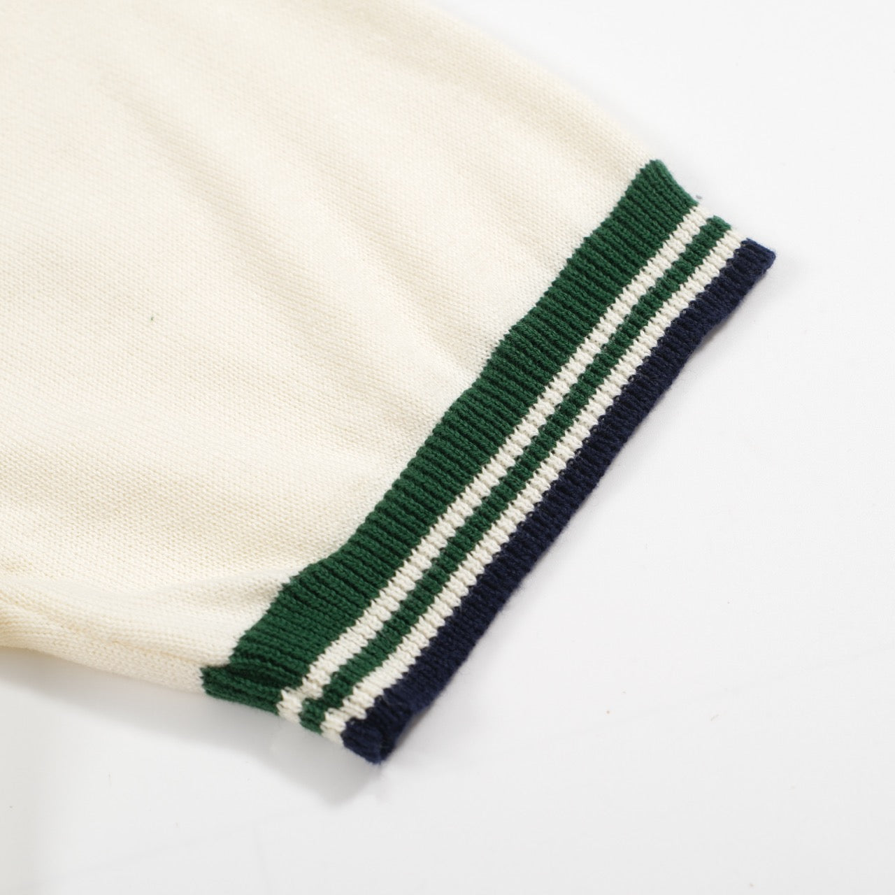 Vintage Knitted Polo for Men from the 1970s – Retro Cream with Green Striped Collar and Edges