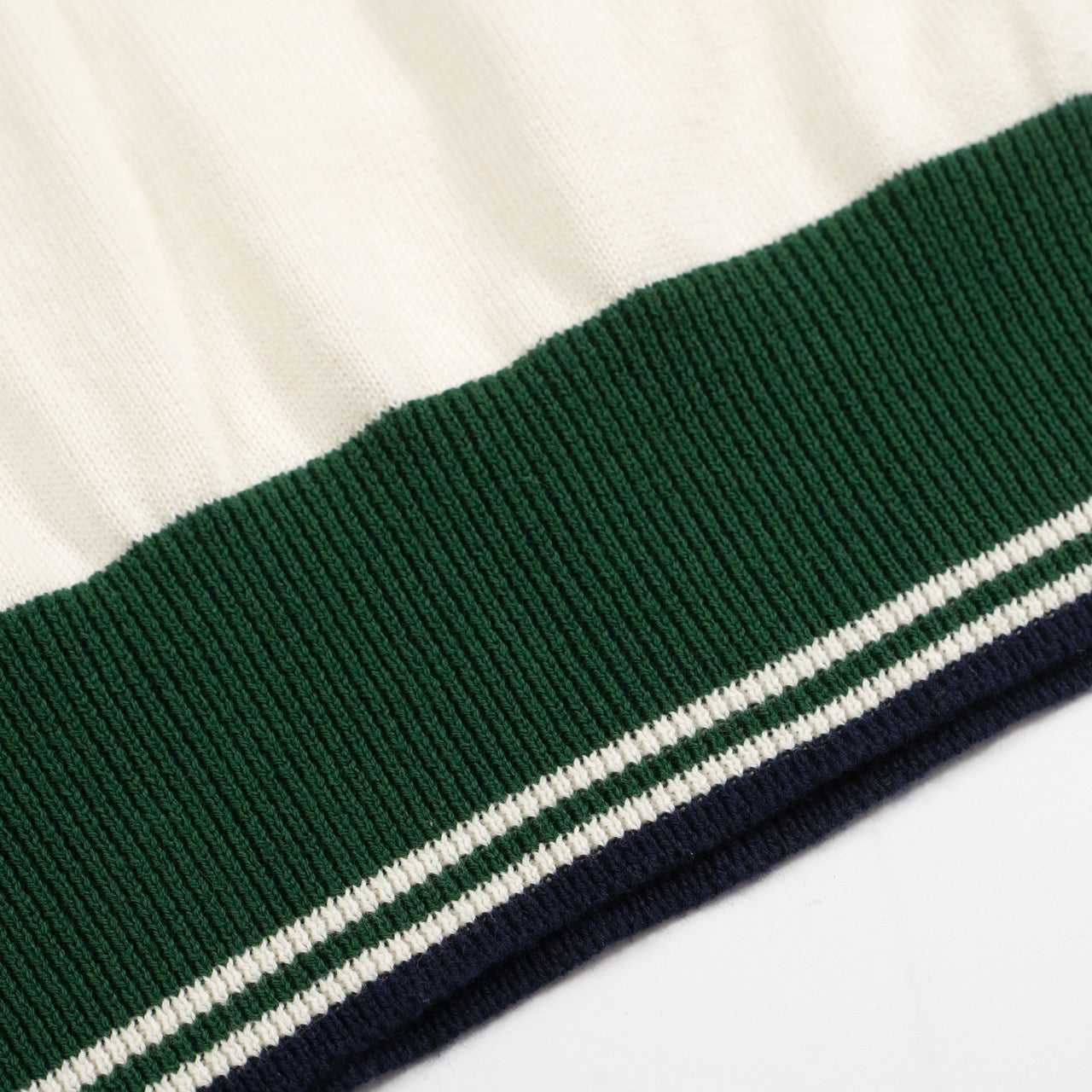 Vintage Knitted Polo for Men from the 1970s – Retro Cream with Green Striped Collar and Edges