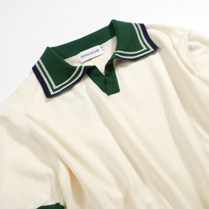 Vintage Knitted Polo for Men from the 1970s – Retro Cream with Green Striped Collar and Edges