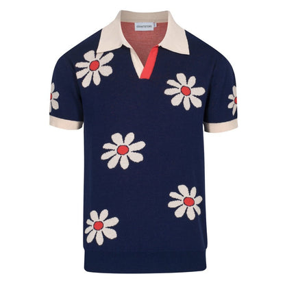 1970s Retro Knitted Polo for Men – Vintage Navy with Daisy Pattern
