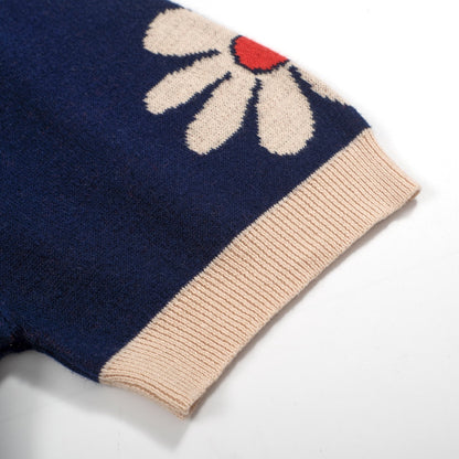 1970s Retro Knitted Polo for Men – Vintage Navy with Daisy Pattern