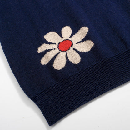1970s Retro Knitted Polo for Men – Vintage Navy with Daisy Pattern