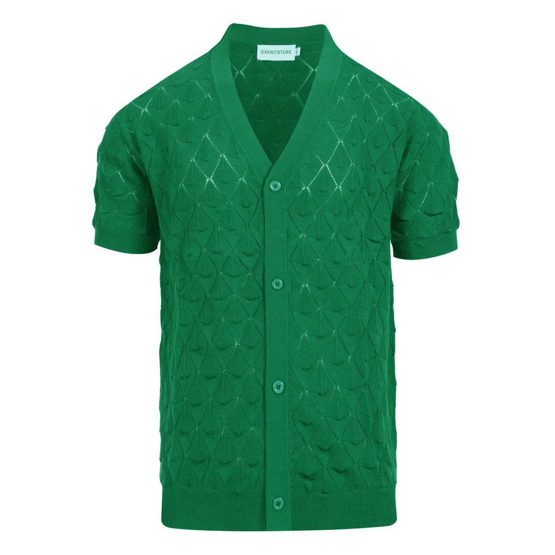 Vintage 1970s Knitted Cardigan Shirt for Men – Retro Emerald Green Short Sleeves