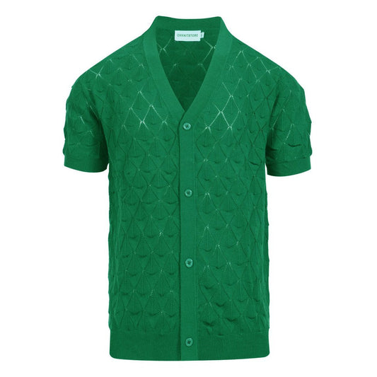 Vintage 1970s Knitted Cardigan Shirt for Men – Retro Emerald Green Short Sleeves