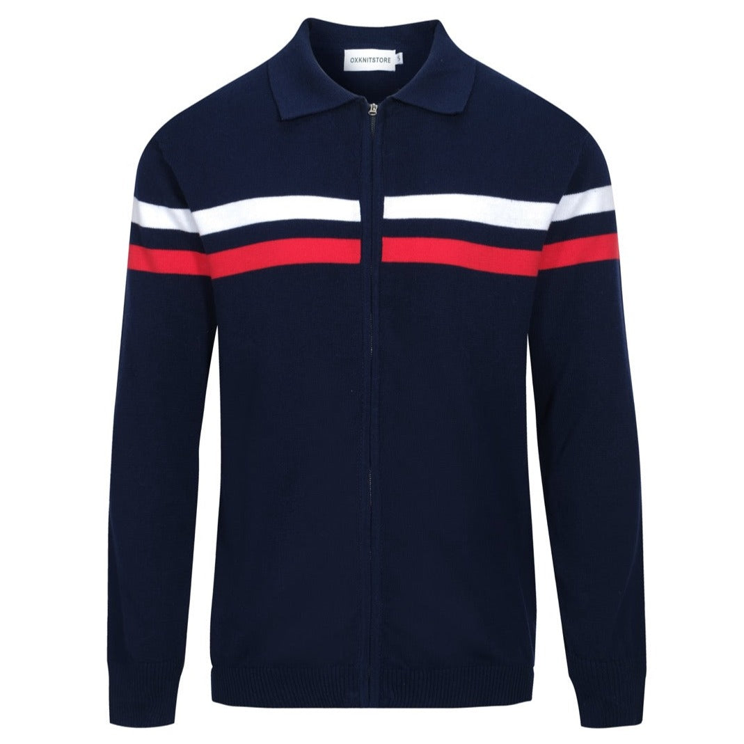 1970s Vintage Zip-Up Knitted Jacket for Men – Navy with Red and White Stripes