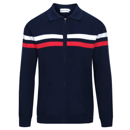 1970s Vintage Zip-Up Knitted Jacket for Men – Navy with Red and White Stripes