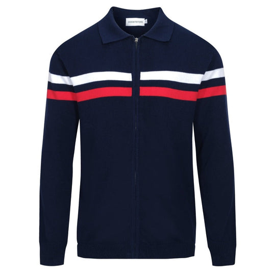 1970s Vintage Zip-Up Knitted Jacket for Men – Navy with Red and White Stripes