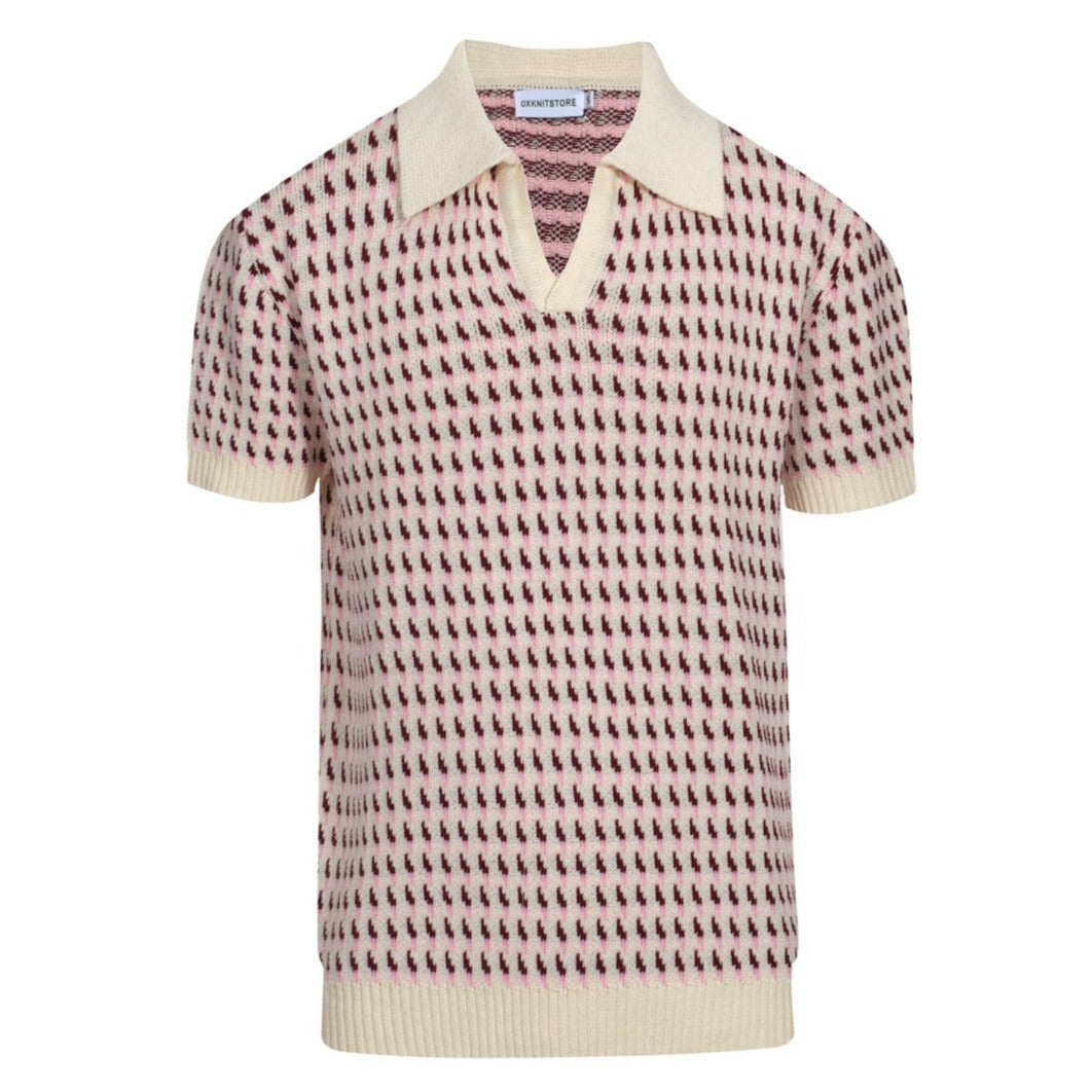 Cream Knitted Polo for Men from the 60s – Burgundy Micro Pattern Retro Style