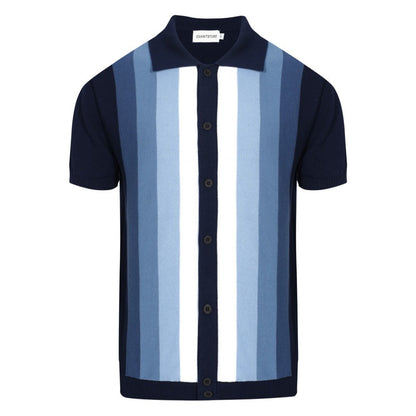 1960s Men's Vertical Striped Knitted Shirt – Navy Blue and Sky Blue Buttoned Polo