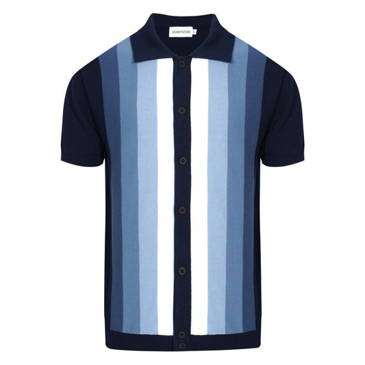 1960s Men's Vertical Striped Knitted Shirt – Navy Blue and Sky Blue Buttoned Polo