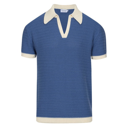 1970s Men's Knitted Polo – Retro Wide Collar Short Sleeve in Navy Blue
