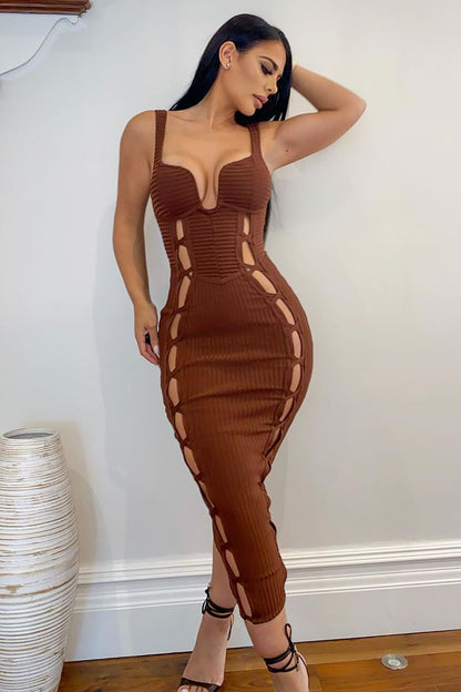 Midi Bandage Dress No Cuts Given - Brown