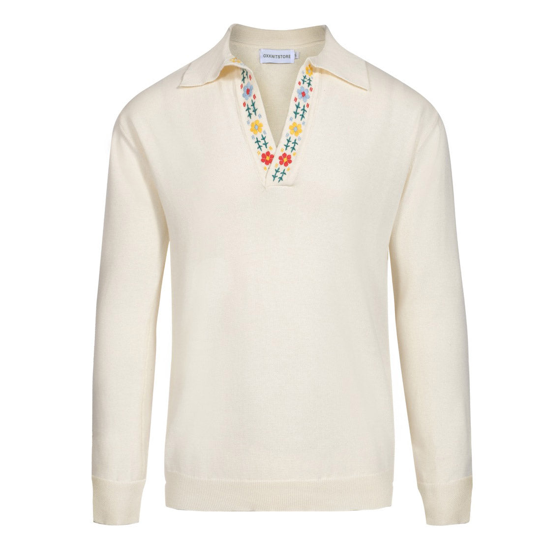 Embroidered Knit Jumper for Men from the 70s – Retro Cream Jumper with Floral Collar Detail