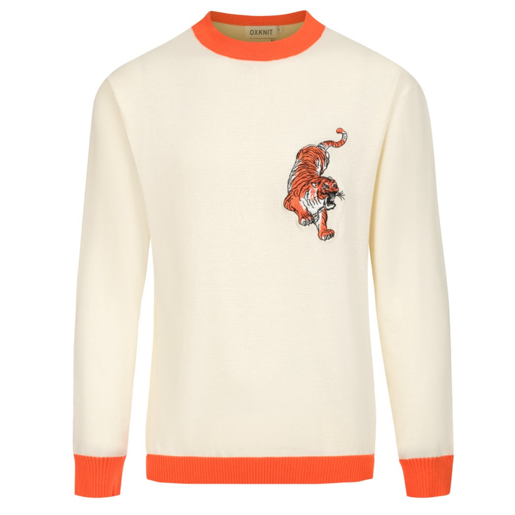 Men's Knitted Jumper – Embroidered Animals with Orange Trim