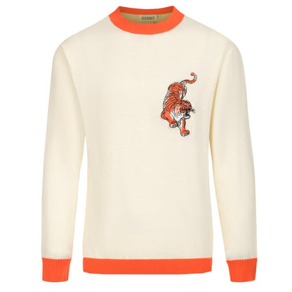 Men's Knitted Jumper – Embroidered Animals with Orange Trim