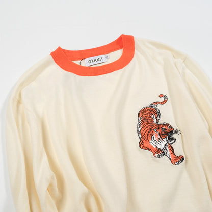Men's Knitted Jumper – Embroidered Animals with Orange Trim