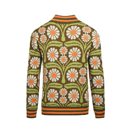 Olive Green Zip-Up Knitted Cardigan for Men