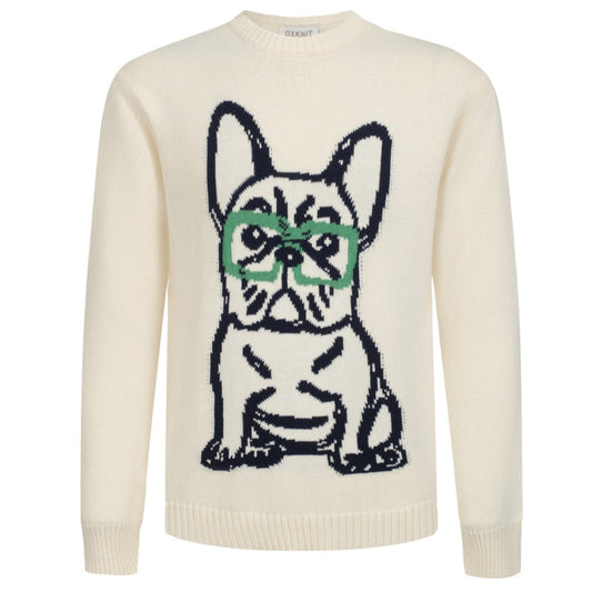 Retro Knit Sweater for Men – Vintage Cream Sweater with French Bulldog Graphic and Glasses