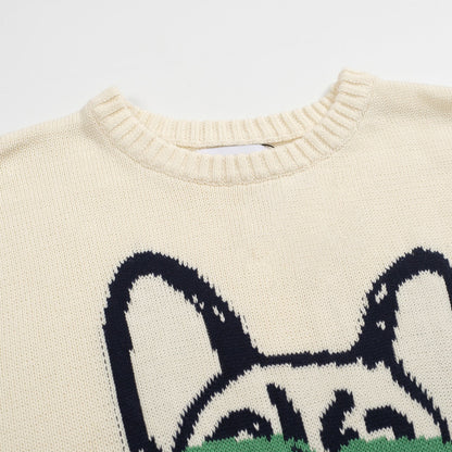 Retro Knit Sweater for Men – Vintage Cream Sweater with French Bulldog Graphic and Glasses
