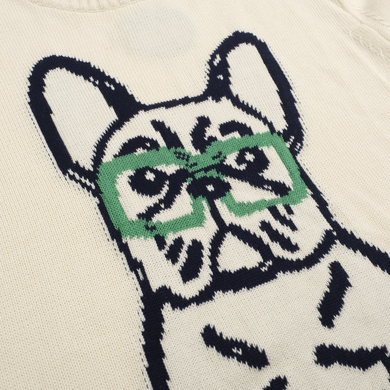 Retro Knit Sweater for Men – Vintage Cream Sweater with French Bulldog Graphic and Glasses