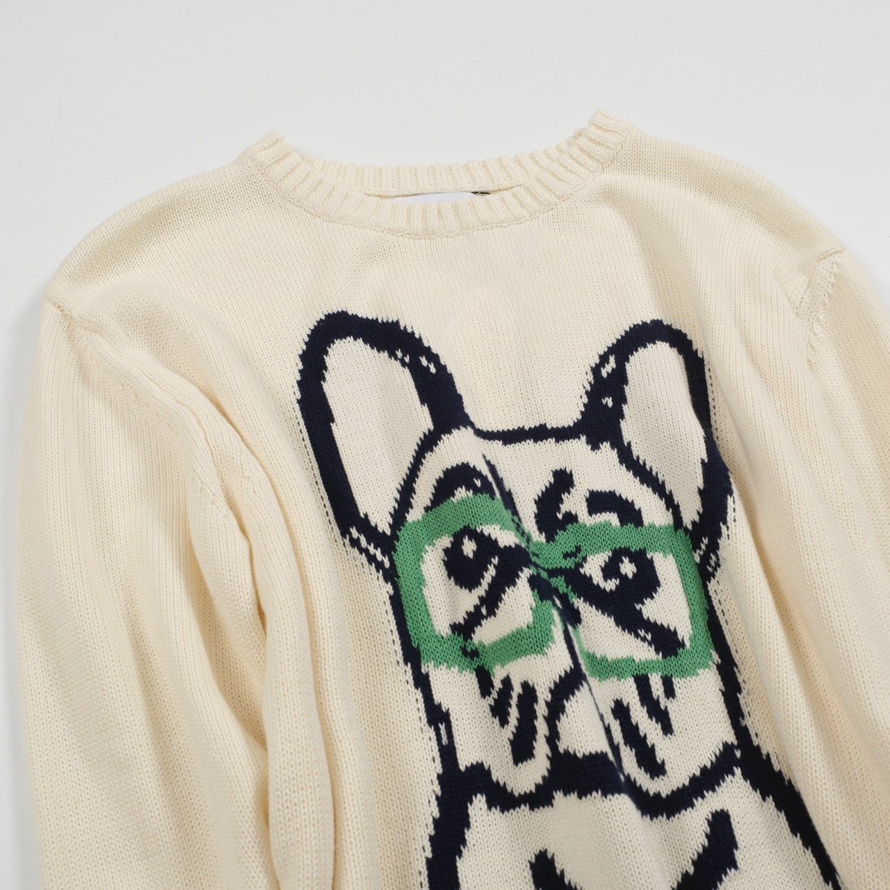 Retro Knit Sweater for Men – Vintage Cream Sweater with French Bulldog Graphic and Glasses