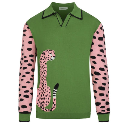 Retro Knit Jumper for Men – Vintage Green Jumper with Graphic Pink Cheetah Sleeves