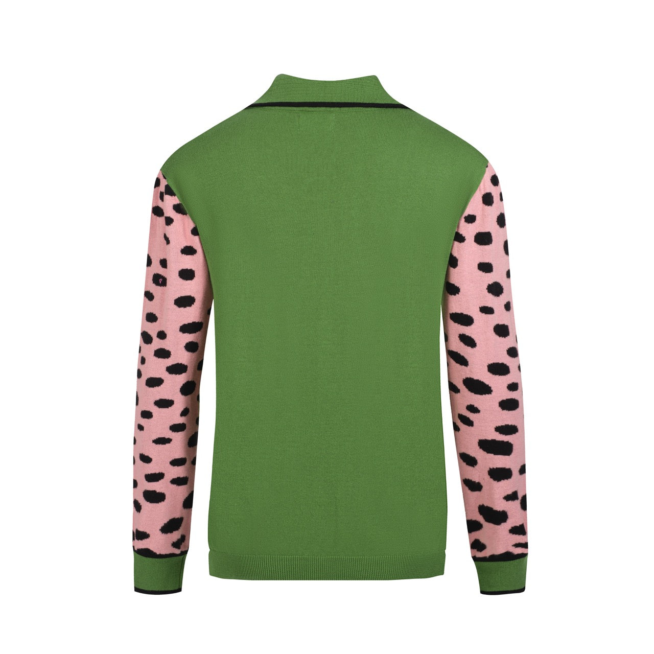 Retro Knit Jumper for Men – Vintage Green Jumper with Graphic Pink Cheetah Sleeves