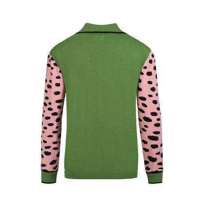 Retro Knit Jumper for Men – Vintage Green Jumper with Graphic Pink Cheetah Sleeves