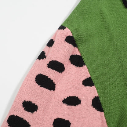 Retro Knit Jumper for Men – Vintage Green Jumper with Graphic Pink Cheetah Sleeves