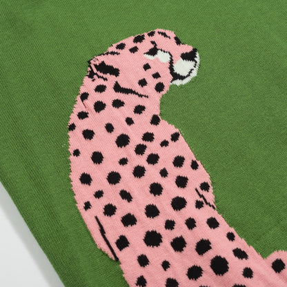 Retro Knit Jumper for Men – Vintage Green Jumper with Graphic Pink Cheetah Sleeves