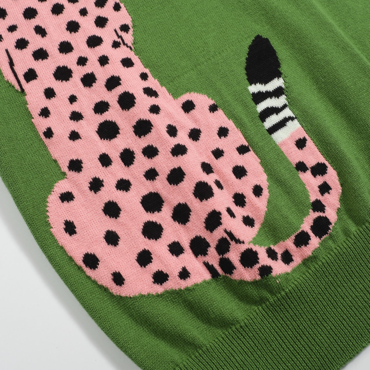 Retro Knit Jumper for Men – Vintage Green Jumper with Graphic Pink Cheetah Sleeves