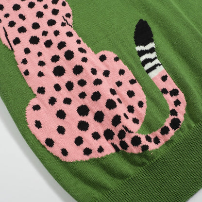 Retro Knit Jumper for Men – Vintage Green Jumper with Graphic Pink Cheetah Sleeves