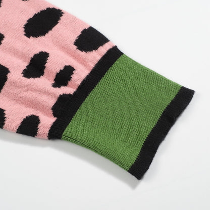 Retro Knit Jumper for Men – Vintage Green Jumper with Graphic Pink Cheetah Sleeves