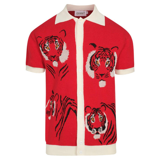 Vintage Red Knitted Shirt for Men – Button-Up Polo with Retro Tiger Graphic