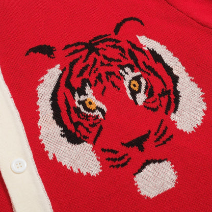 Vintage Red Knitted Shirt for Men – Button-Up Polo with Retro Tiger Graphic