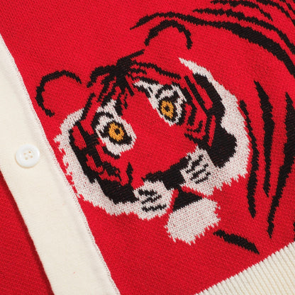 Vintage Red Knitted Shirt for Men – Button-Up Polo with Retro Tiger Graphic