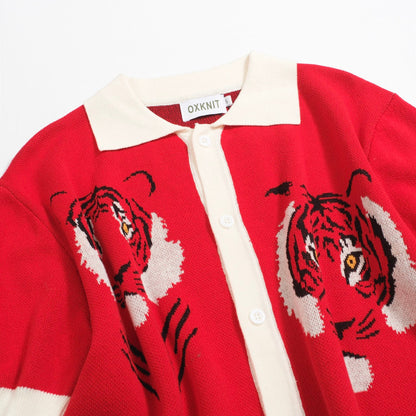 Vintage Red Knitted Shirt for Men – Button-Up Polo with Retro Tiger Graphic