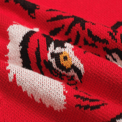Vintage Red Knitted Shirt for Men – Button-Up Polo with Retro Tiger Graphic