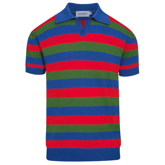 1950s Multicoloured Striped V-Neck Polo Shirt