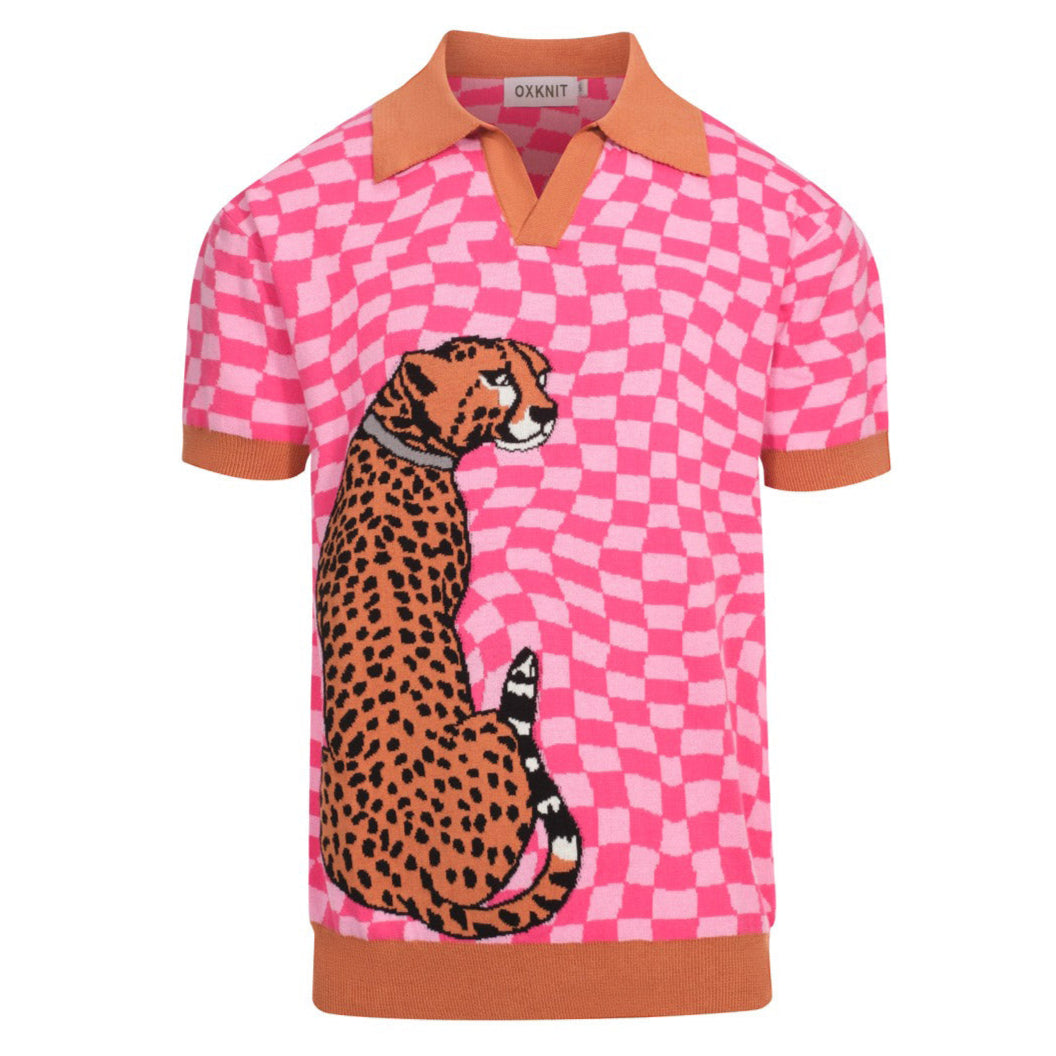Retro Knitted Polo for Men – Vintage Pink Checks with Leopard Graphic