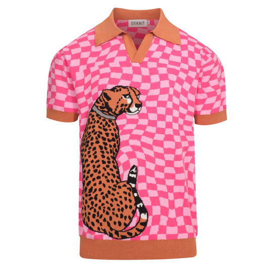 Retro Knitted Polo for Men – Vintage Pink Checks with Leopard Graphic