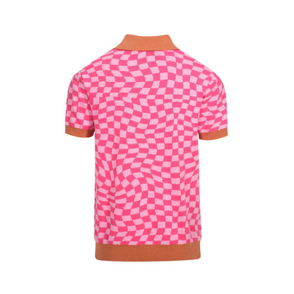 Retro Knitted Polo for Men – Vintage Pink Checks with Leopard Graphic