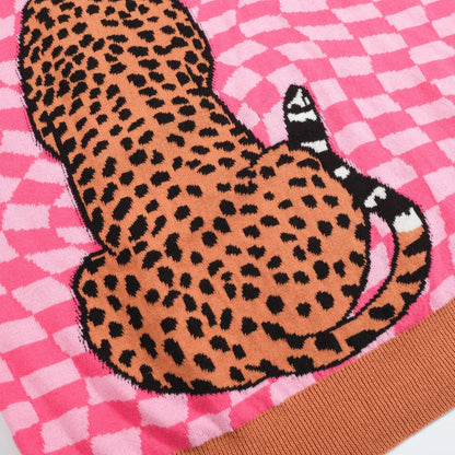 Retro Knitted Polo for Men – Vintage Pink Checks with Leopard Graphic