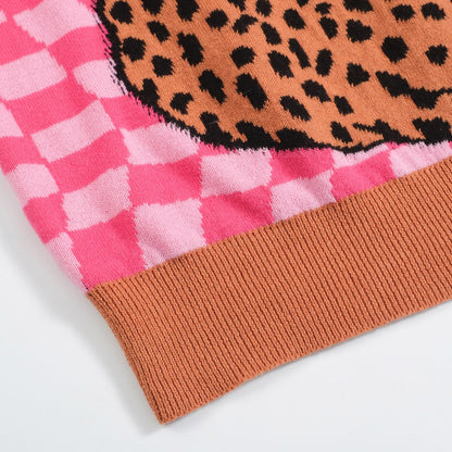 Retro Knitted Polo for Men – Vintage Pink Checks with Leopard Graphic